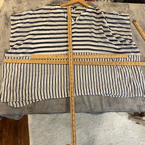 Talbots Silk Navy Blue White Semi-sheer Lighweight Kaftan Poncho Tunic Top S - Picture 8 of 9